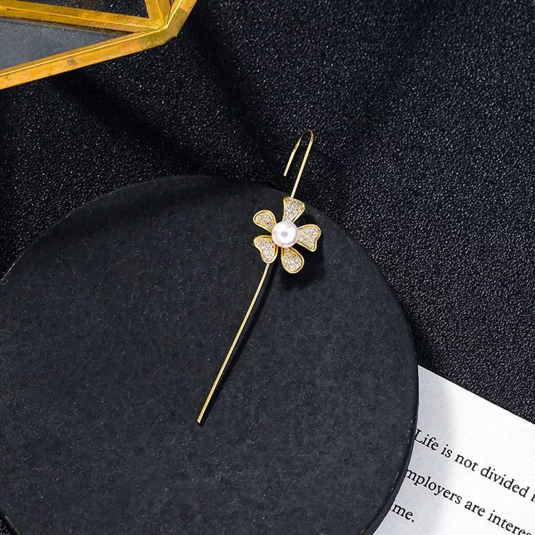 Gold Flower Pearl & CZ Ear Cuff Earring