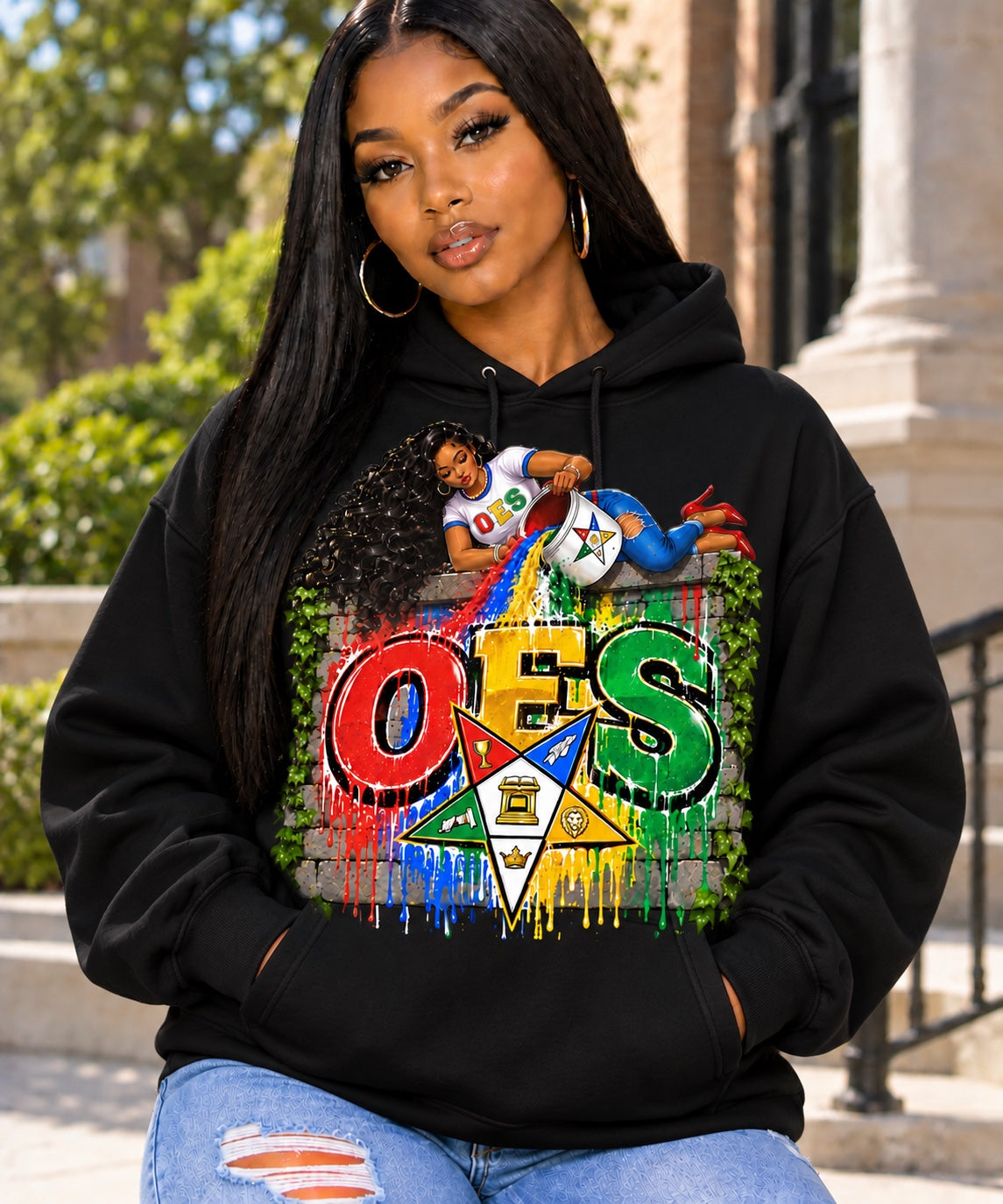 Order of the Eastern Star graphic on black hoodie