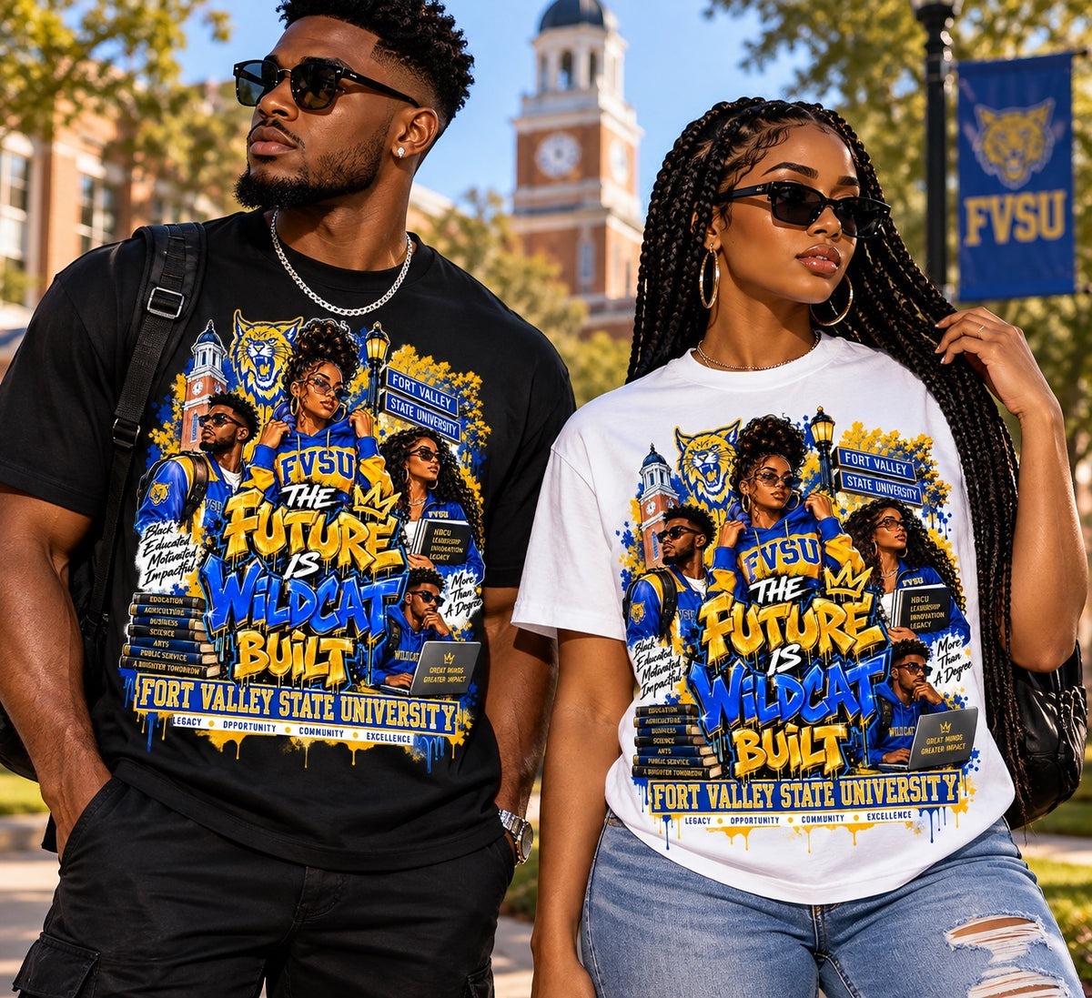The Future Is Wildcat Built FVSU graphic on black and white T-shirts
