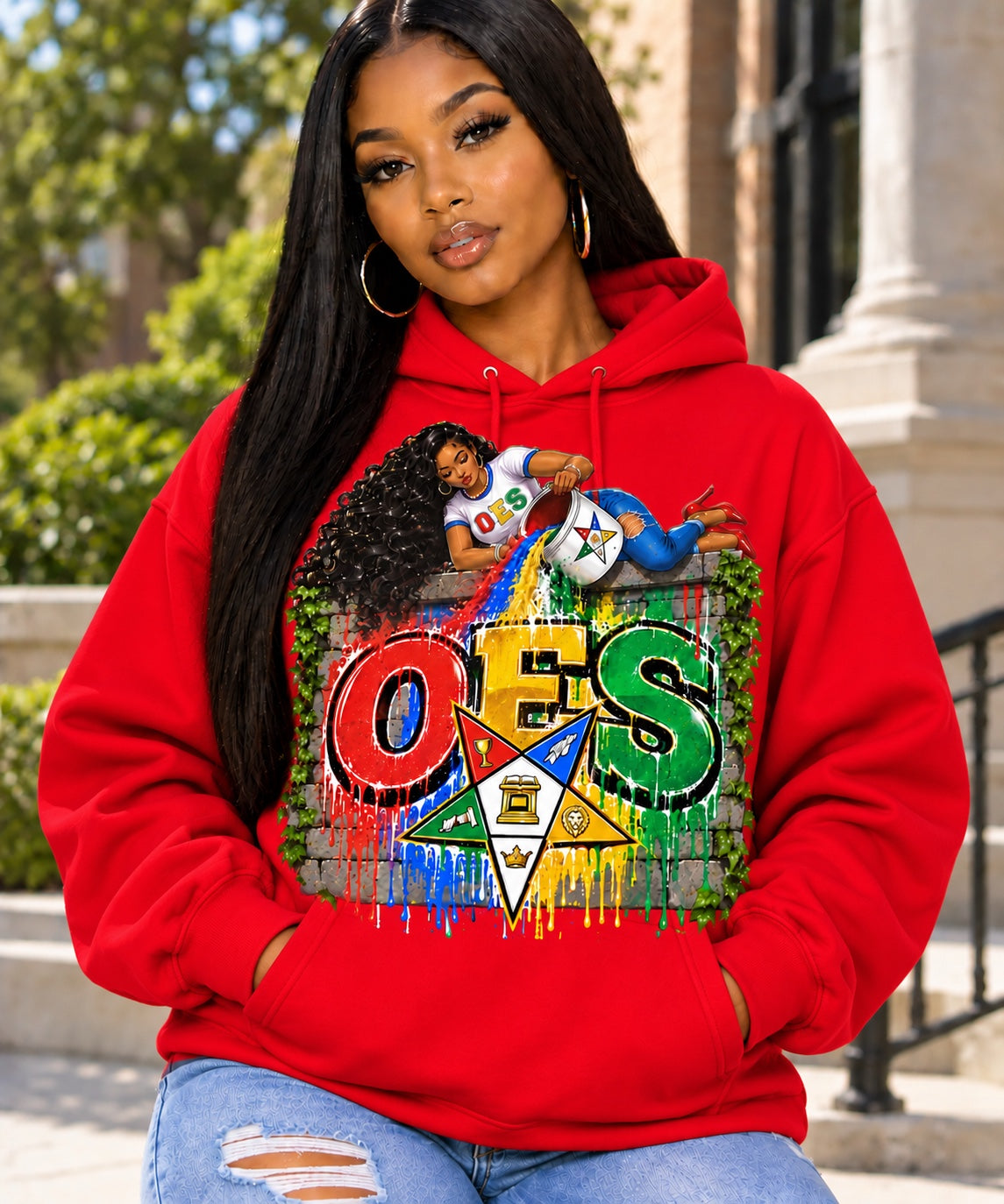 Order of the Eastern Star graphic on red hoodie