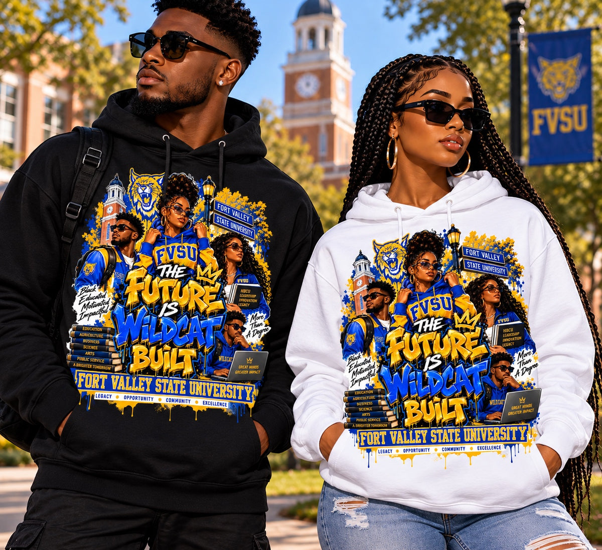 The Future Is Wildcat Built FVSU graphic on black and white hoodies