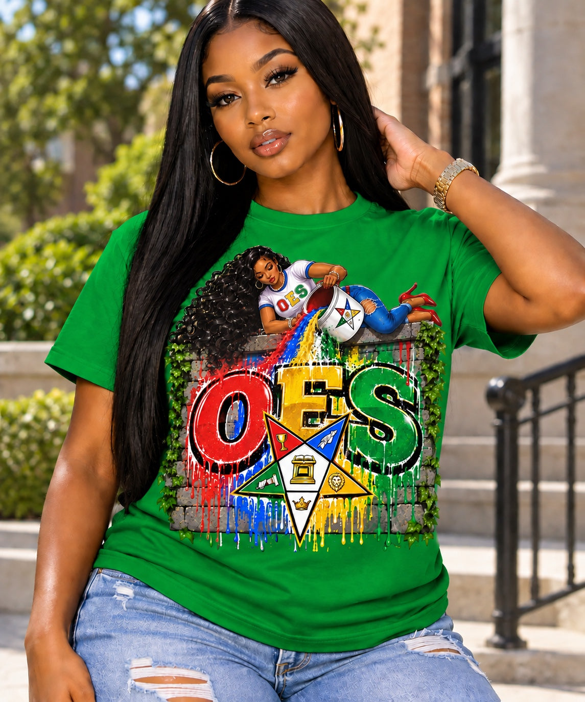 Order of the Eastern Star graphic on green T-shirt