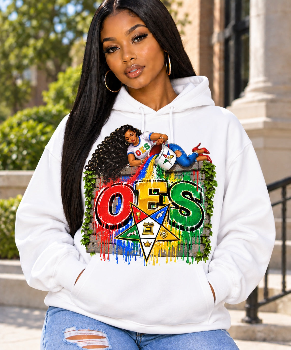 Order of the Eastern Star graphic on white hoodie