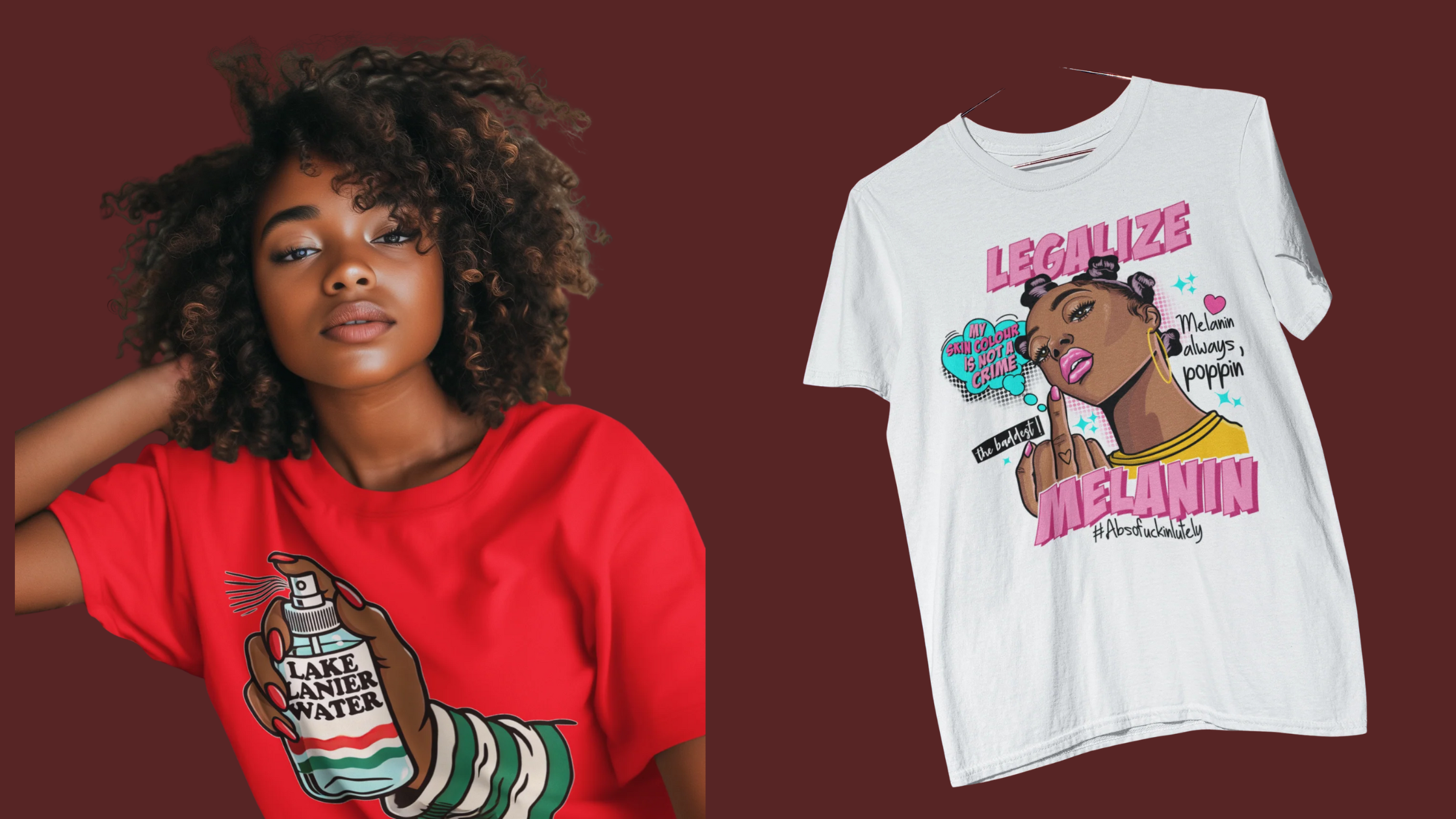 Woman wearing a red t-shirt with a graphic design, next to a white t-shirt with a similar design on a dark red background.