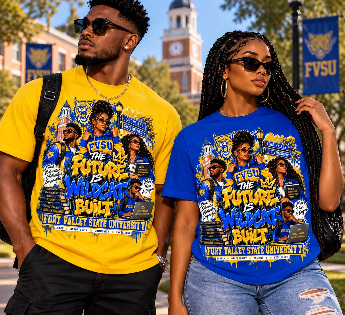 The Future Is Wildcat Built FVSU graphic on yellow and royal blue T-shirts