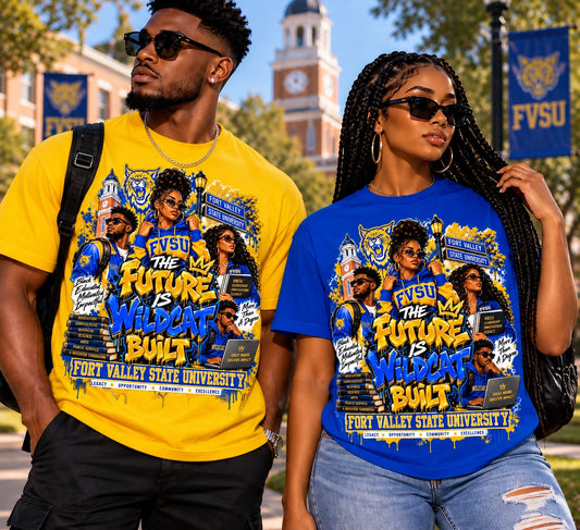 The Future Is Wildcat Built FVSU graphic on yellow and royal blue T-shirts