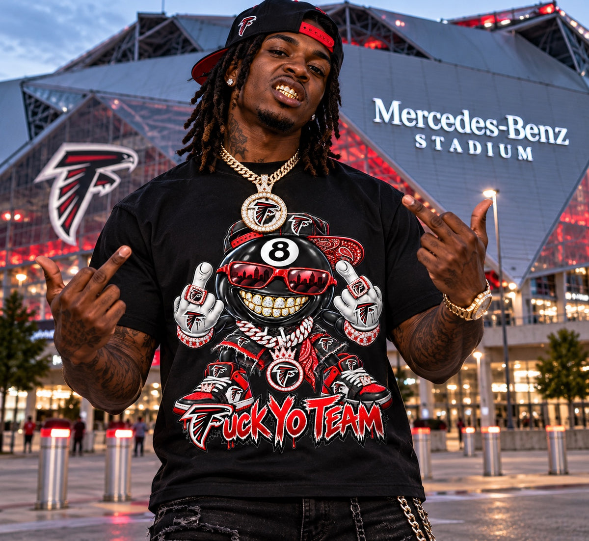 Black Atlanta Falcons 8-ball F*** Yo Team graphic T-shirt