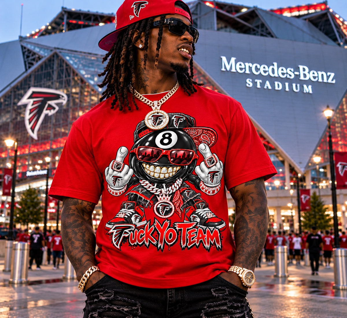 Red Atlanta Falcons 8-ball F*** Yo Team graphic T-shirt