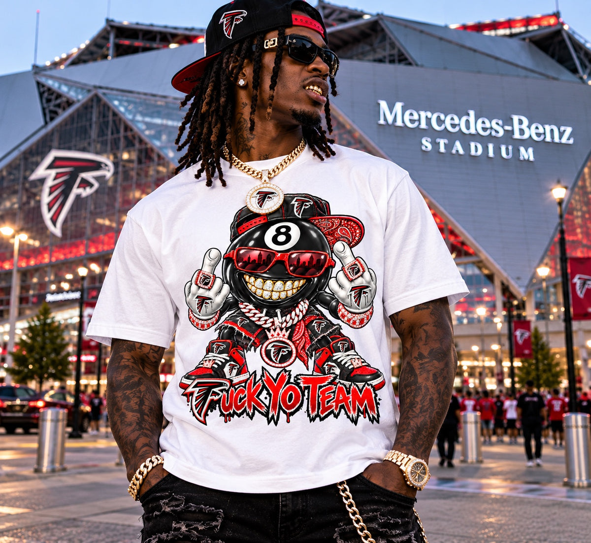 White Atlanta Falcons 8-ball F*** Yo Team graphic T-shirt