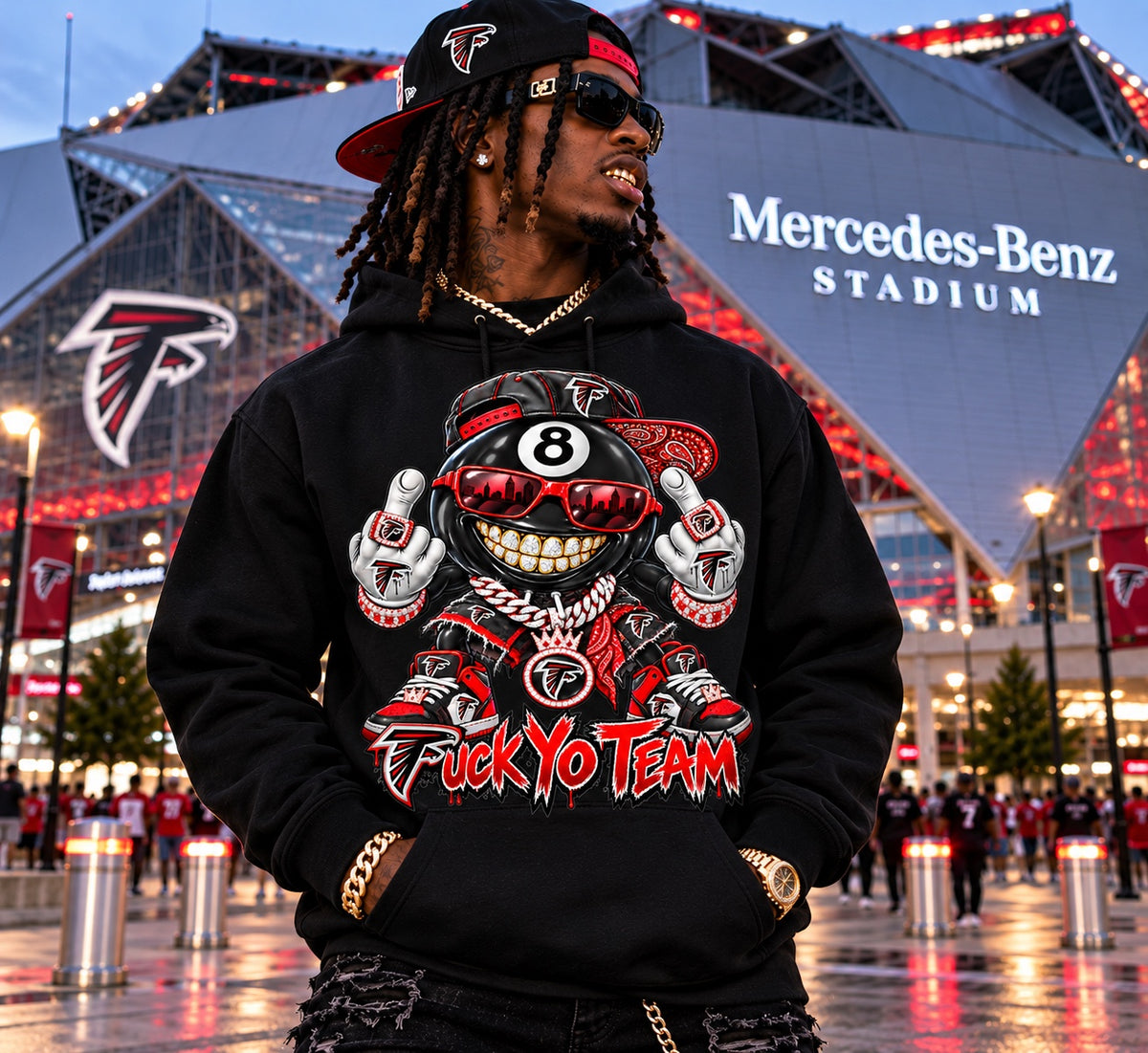 Black Atlanta Falcons F*** Yo Team 8-ball graphic pullover hoodie at Mercedes-Benz Stadium