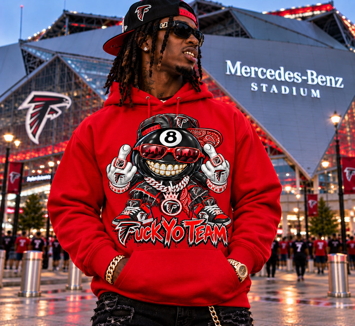 Red Atlanta Falcons F*** Yo Team 8-ball graphic pullover hoodie at Mercedes-Benz Stadium