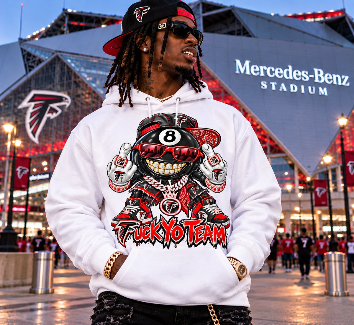 White Atlanta Falcons F*** Yo Team 8-ball graphic pullover hoodie at Mercedes-Benz Stadium