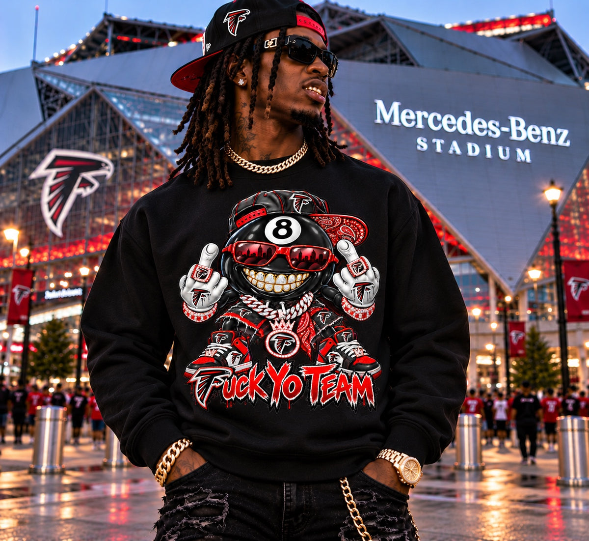 Black Atlanta Falcons F*** Yo Team 8-ball graphic crewneck sweatshirt at Mercedes-Benz Stadium