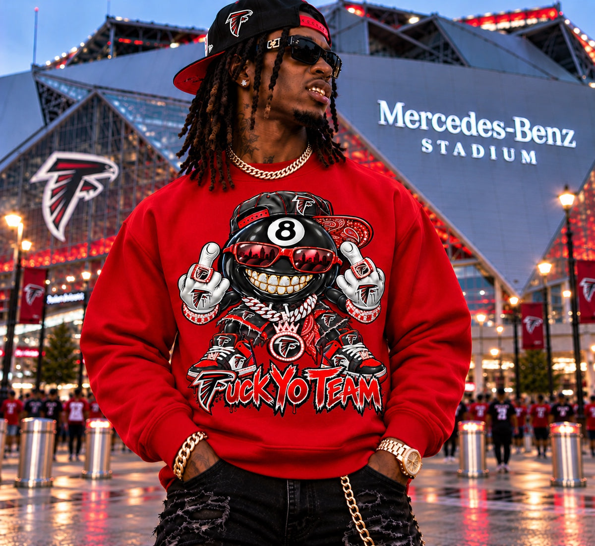 Red Atlanta Falcons F*** Yo Team 8-ball graphic crewneck sweatshirt at Mercedes-Benz Stadium