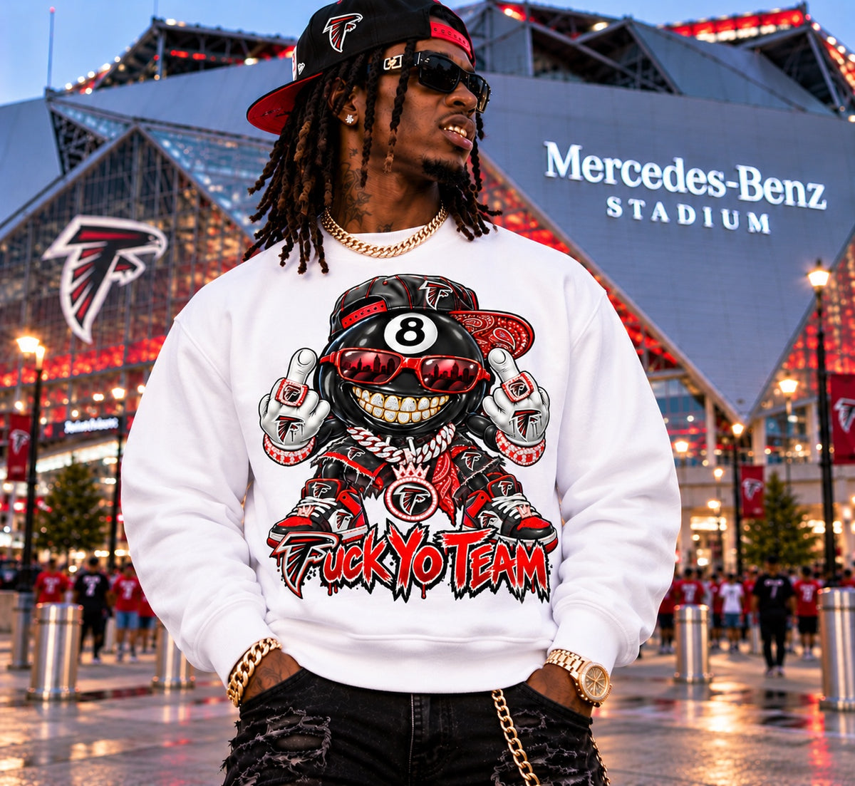 White Atlanta Falcons F*** Yo Team 8-ball graphic crewneck sweatshirt at Mercedes-Benz Stadium