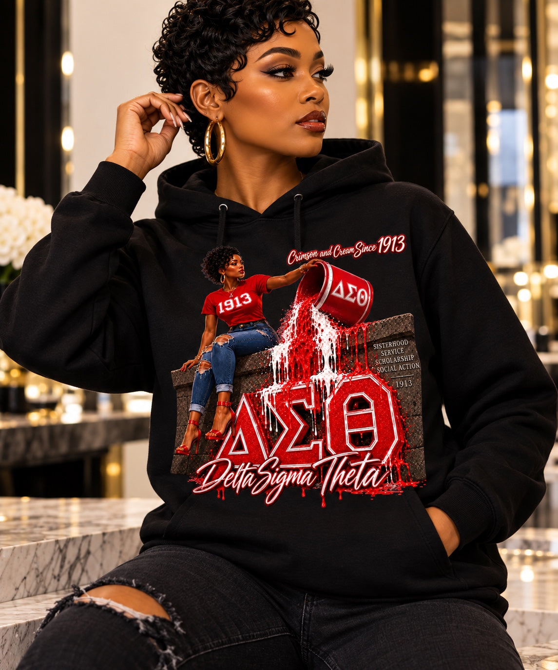 Delta Sigma Theta Crimson and Cream Since 1913 graphic hoodie in black, modeled