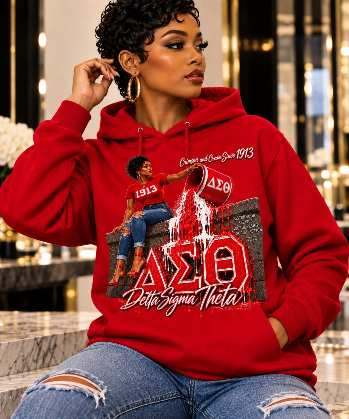 Delta Sigma Theta Crimson and Cream Since 1913 graphic hoodie in red, modeled