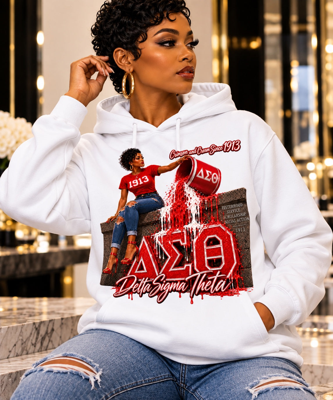 Delta Sigma Theta Crimson and Cream Since 1913 graphic hoodie in white, modeled