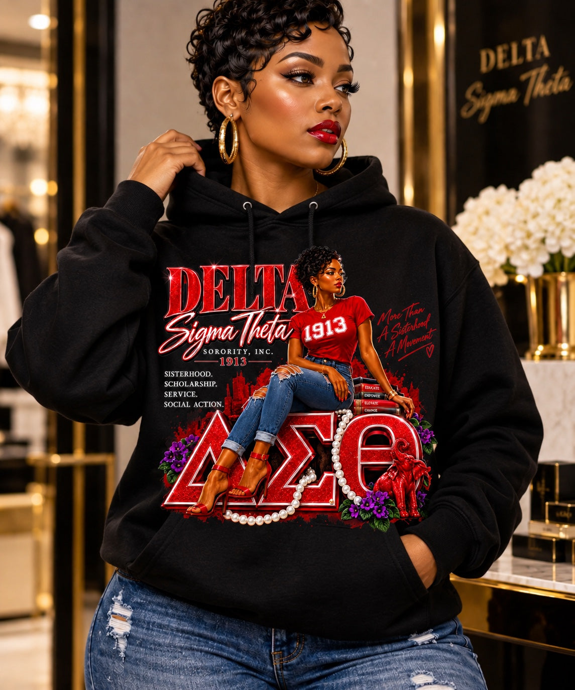 Delta Sigma Theta More Than a Sisterhood, A Movement graphic hoodie in black, modeled