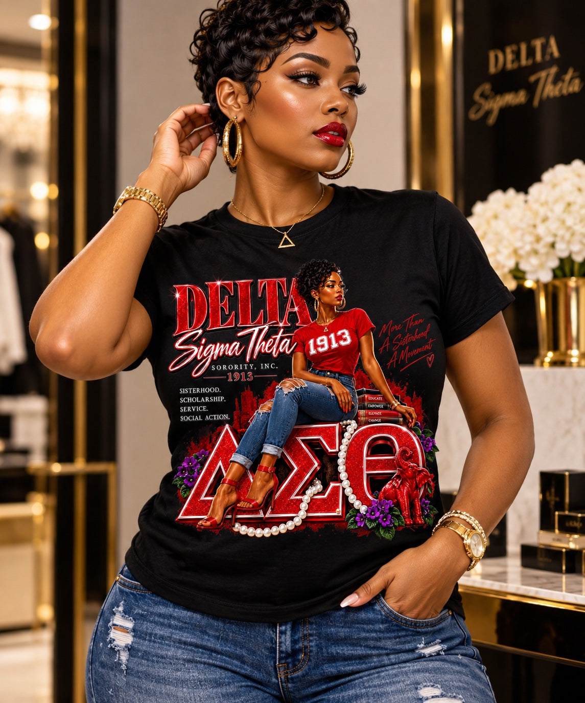 Delta Sigma Theta More Than a Sisterhood, A Movement graphic T-shirt in black, modeled