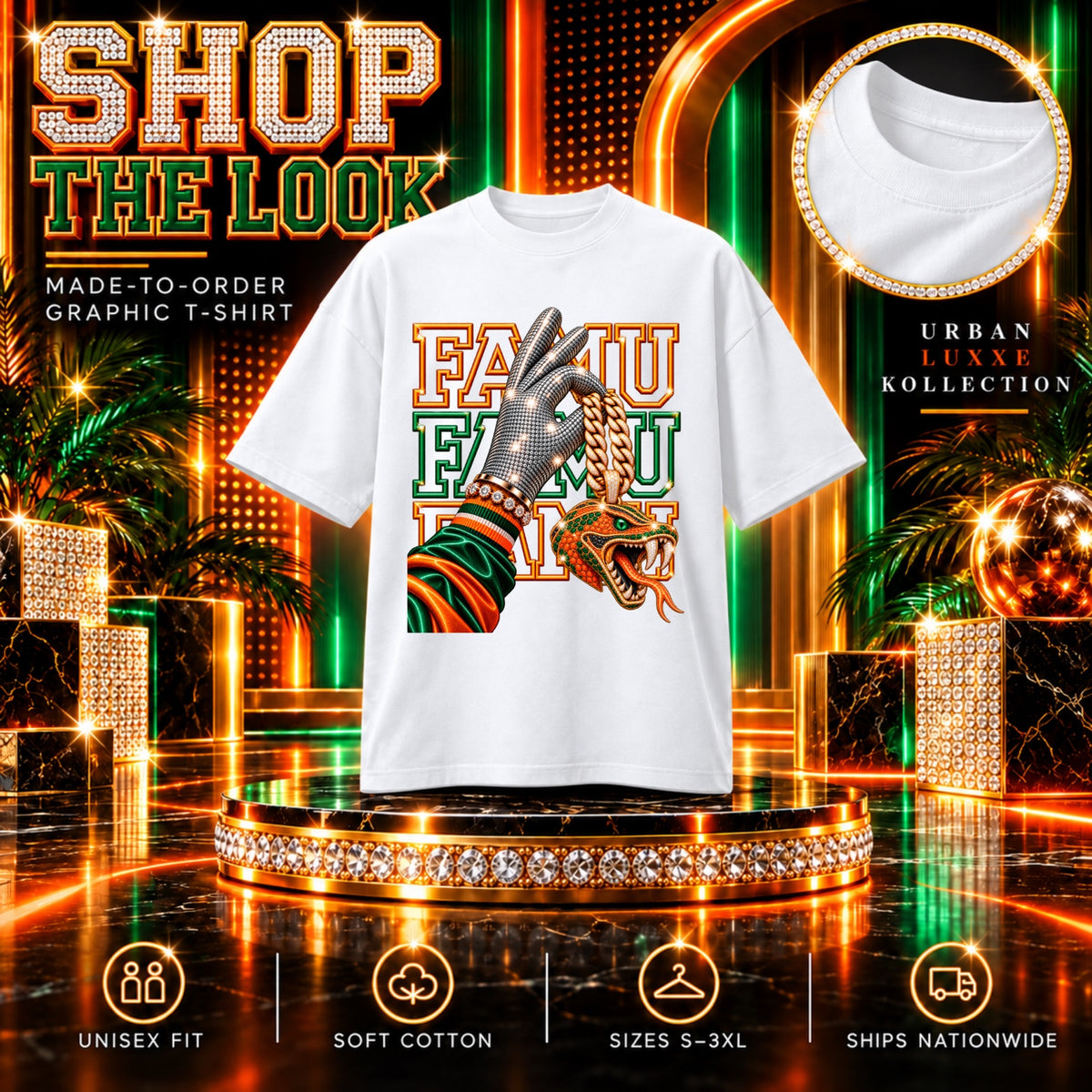 White FAMU Rattler Chain graphic T-shirt with orange and green lettering, silver glove and gold snake pendant