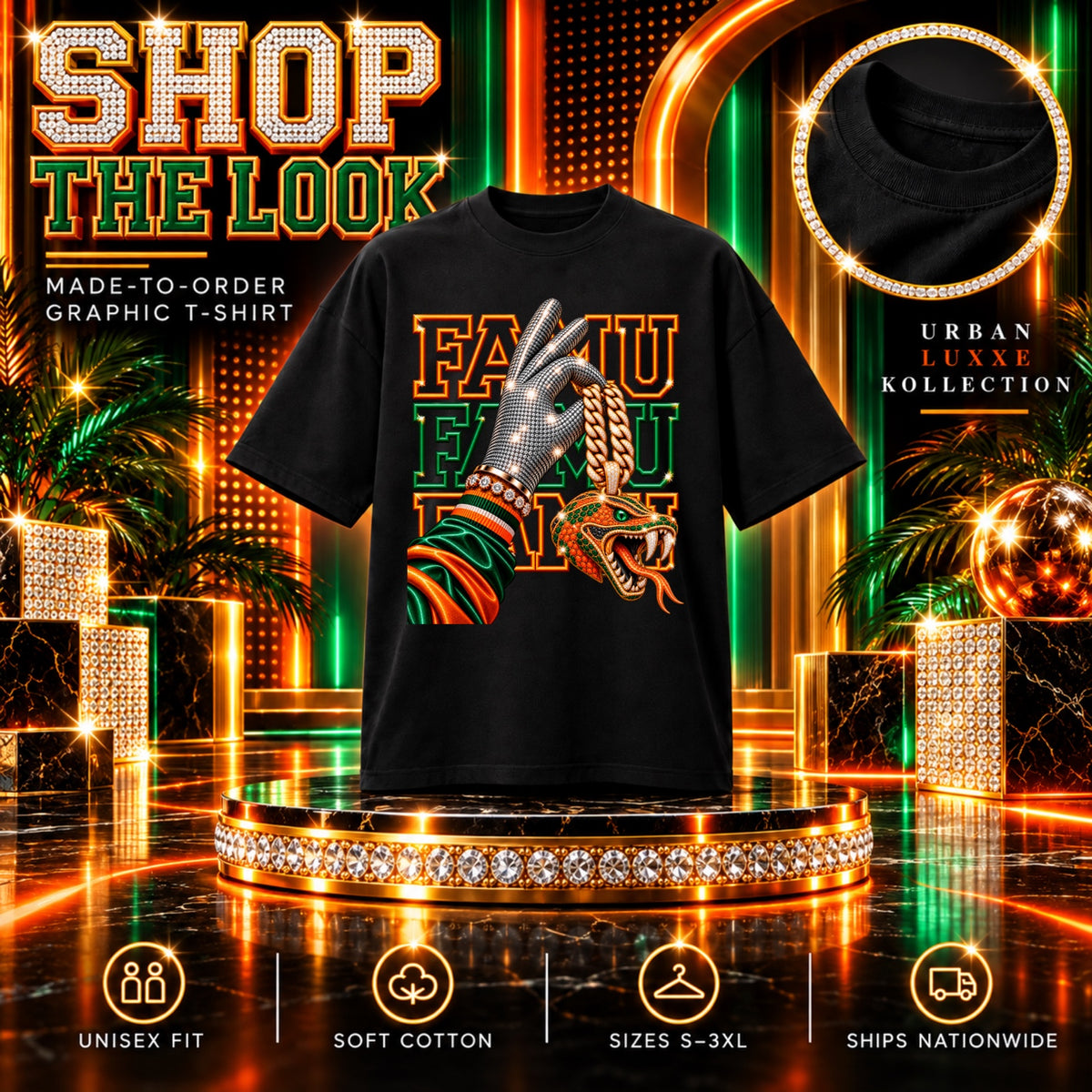 Black FAMU Rattler Chain graphic T-shirt with orange and green lettering, silver glove and gold snake pendant