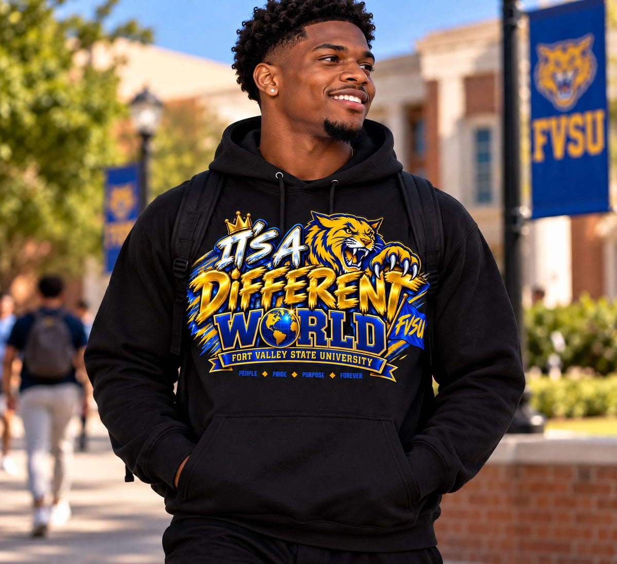 FVSU It's a Different World graphic hoodie in black, modeled