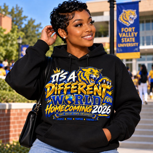FVSU It's a Different World Homecoming 2026 hoodie in black, modeled