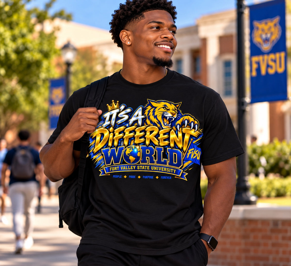 FVSU It's a Different World graphic T-shirt in black, modeled