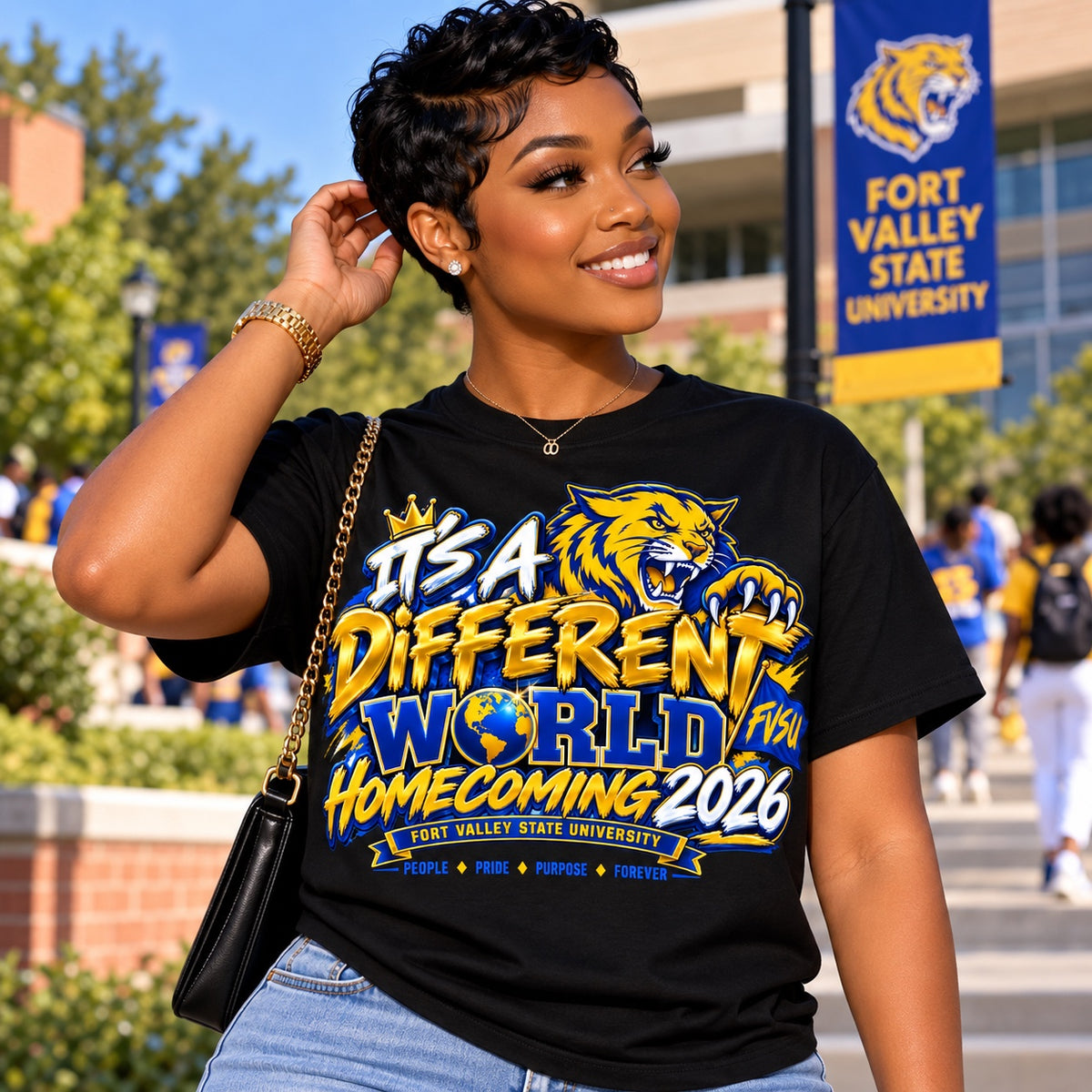 FVSU It's a Different World Homecoming 2026 T-shirt in black, modeled