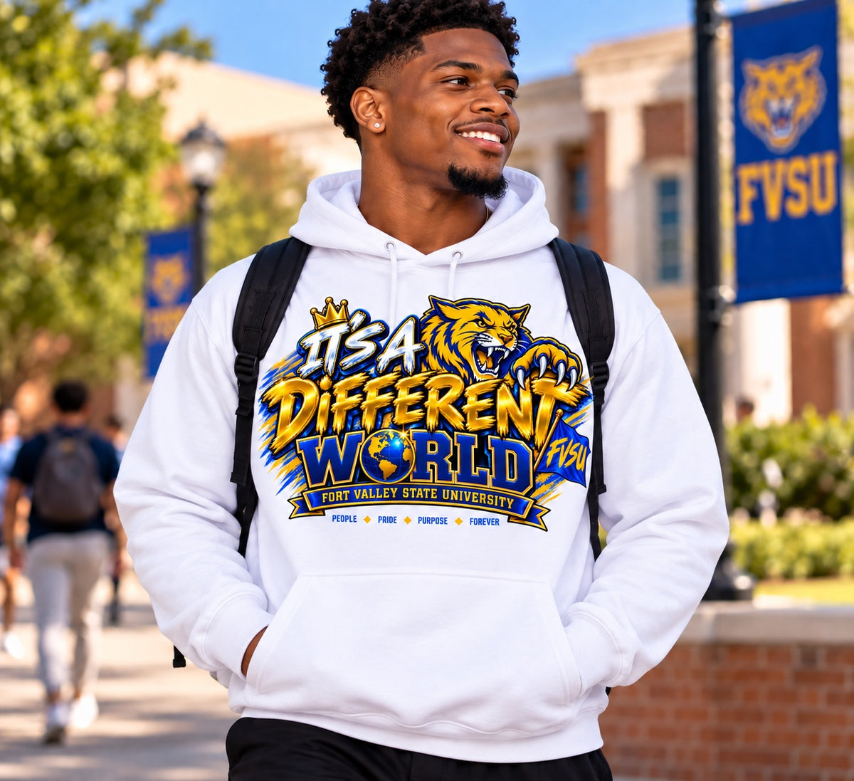 FVSU It's a Different World graphic hoodie in white, modeled
