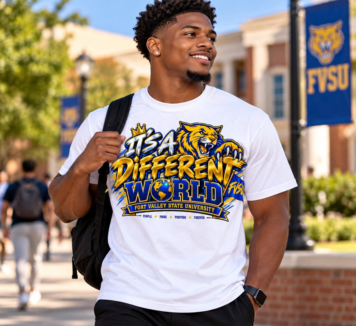 FVSU It's a Different World graphic T-shirt in white, modeled