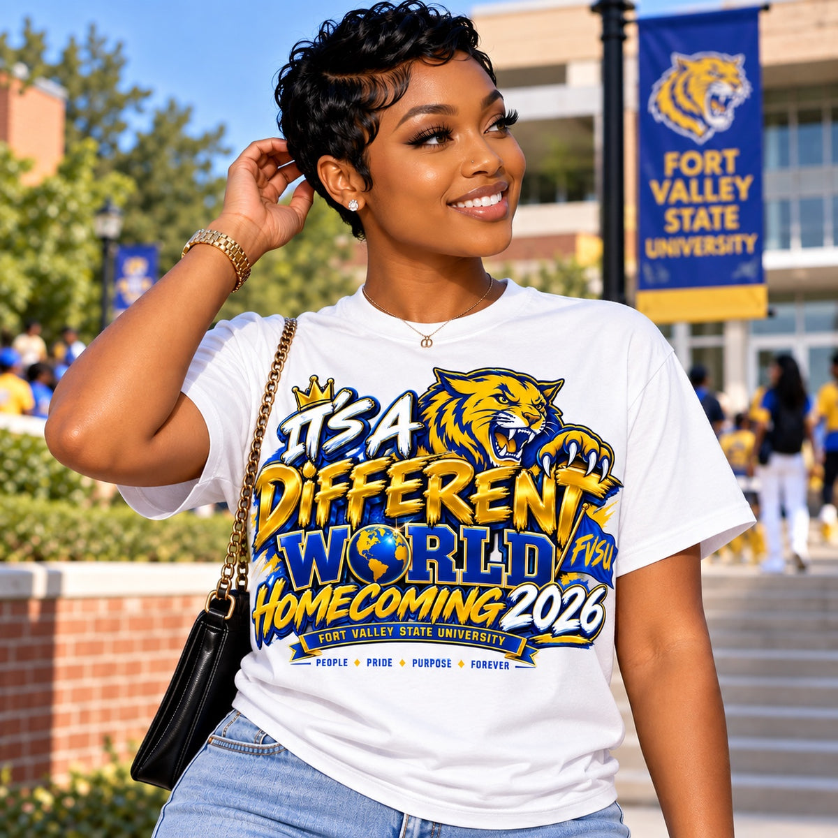 FVSU It's a Different World Homecoming 2026 T-shirt in white, modeled