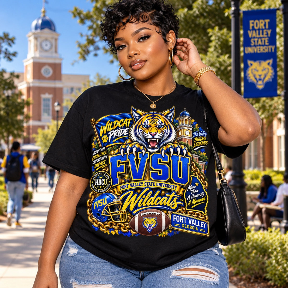 FVSU Wildcats Wildcat Pride graphic T-shirt in black, modeled