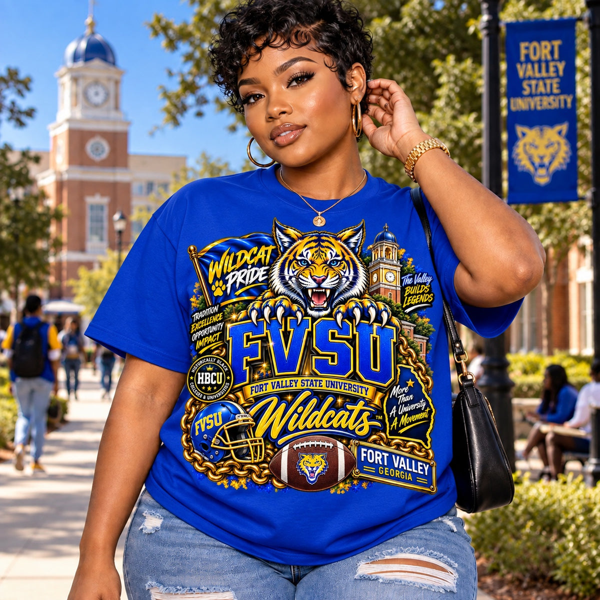 FVSU Wildcats Wildcat Pride graphic T-shirt in royal blue, modeled