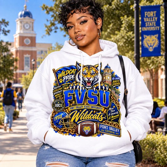 FVSU Wildcats Wildcat Pride hoodie in white, modeled