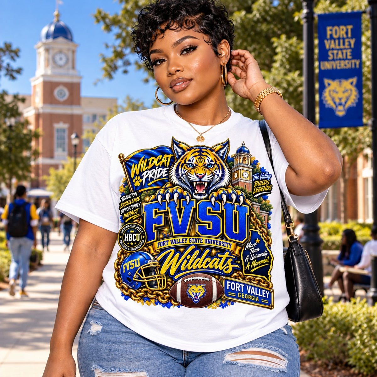 FVSU Wildcats Wildcat Pride graphic T-shirt in white, modeled