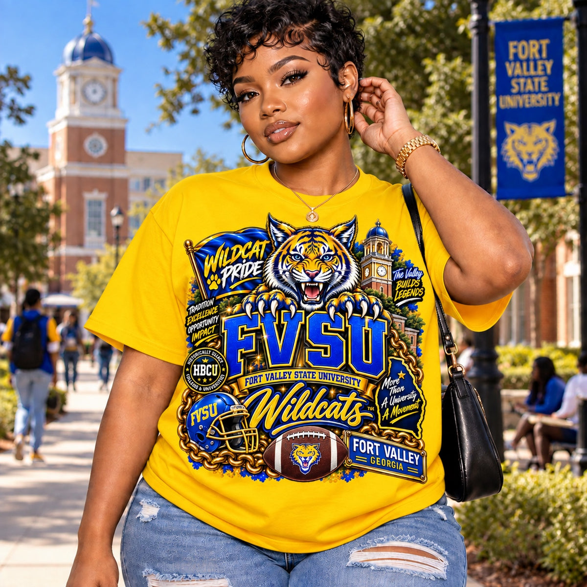 FVSU Wildcats Wildcat Pride graphic T-shirt in yellow, modeled