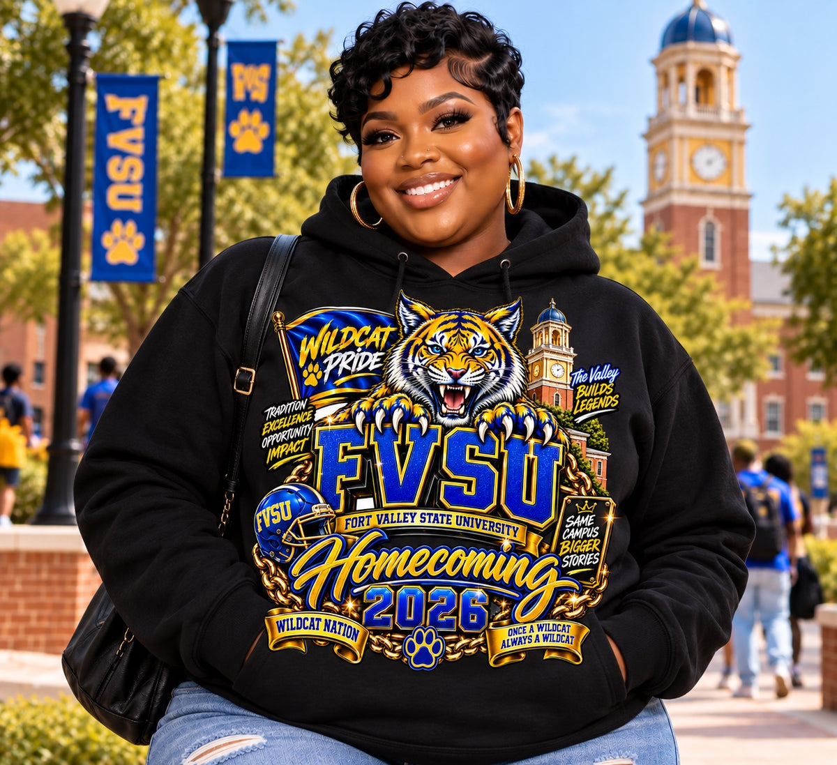 FVSU Wildcats Homecoming 2026 graphic hoodie in black, modeled