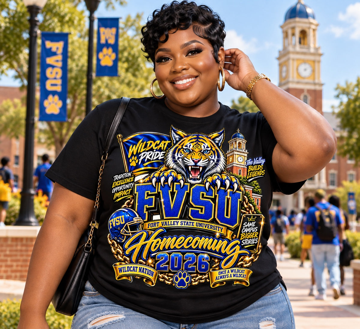FVSU Wildcats Homecoming 2026 graphic T-shirt in black, modeled
