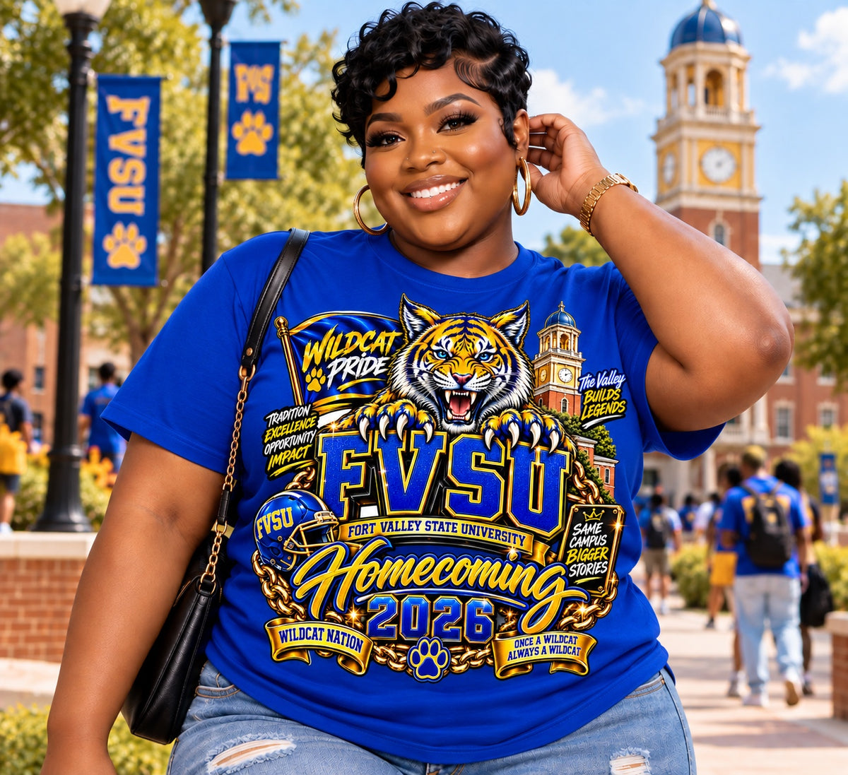 FVSU Wildcats Homecoming 2026 graphic T-shirt in royal blue, modeled