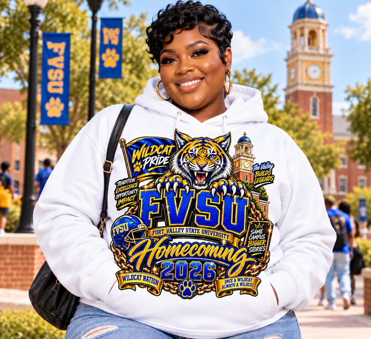 FVSU Wildcats Homecoming 2026 graphic hoodie in white, modeled