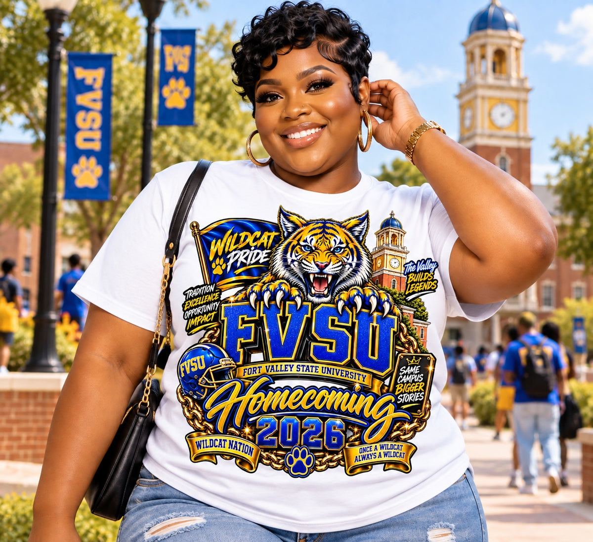 FVSU Wildcats Homecoming 2026 graphic T-shirt in white, modeled