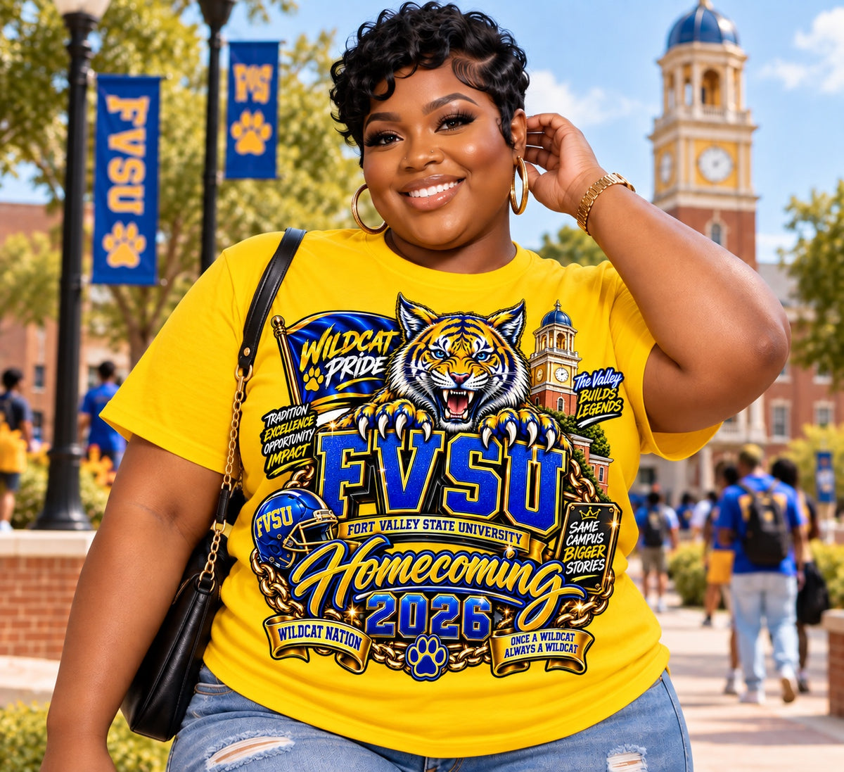 FVSU Wildcats Homecoming 2026 graphic T-shirt in yellow, modeled