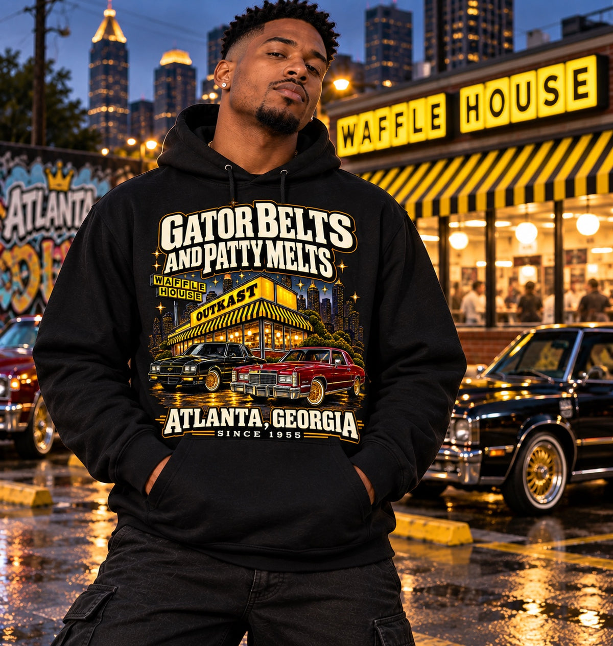 Gator Belts and Patty Melts Atlanta 1955 black hoodie on a model