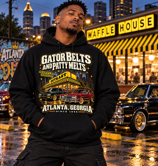 Gator Belts and Patty Melts Atlanta 1955 black hoodie on a model