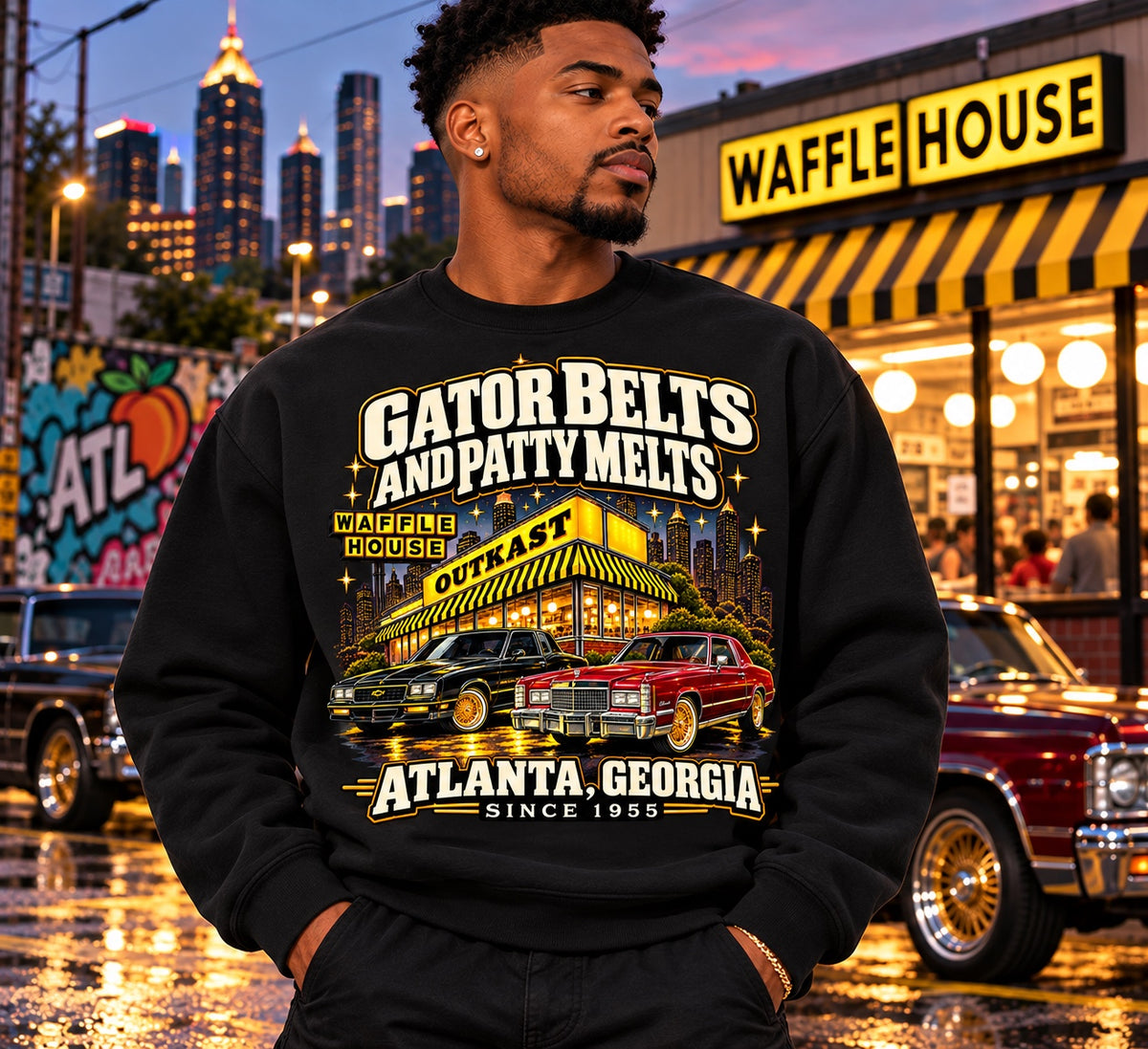 Gator Belts and Patty Melts Atlanta 1955 black sweatshirt on a model