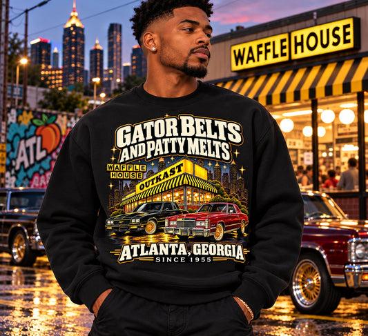 Gator Belts and Patty Melts Atlanta 1955 black sweatshirt on a model