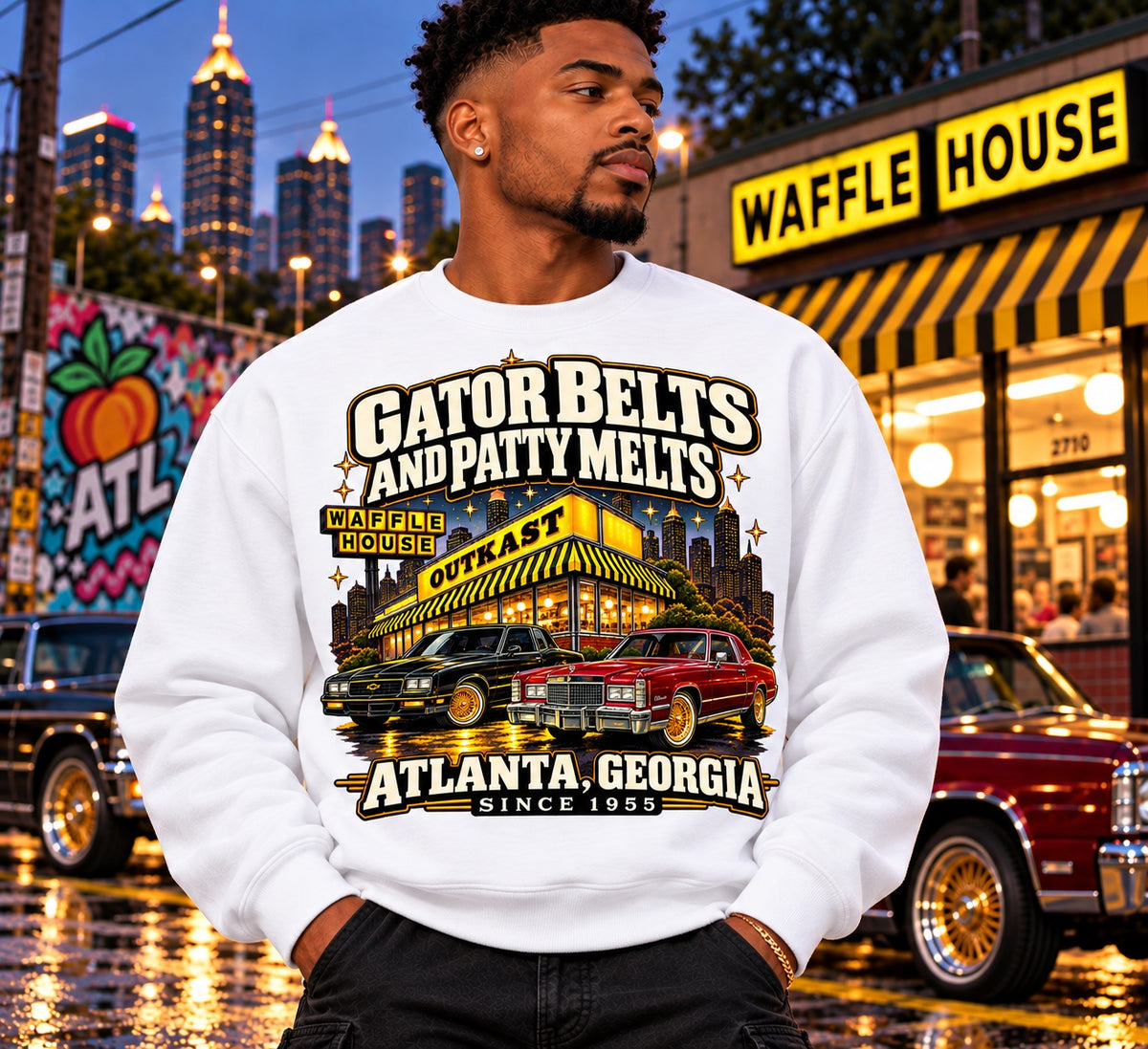 Gator Belts and Patty Melts Atlanta 1955 white sweatshirt on a model