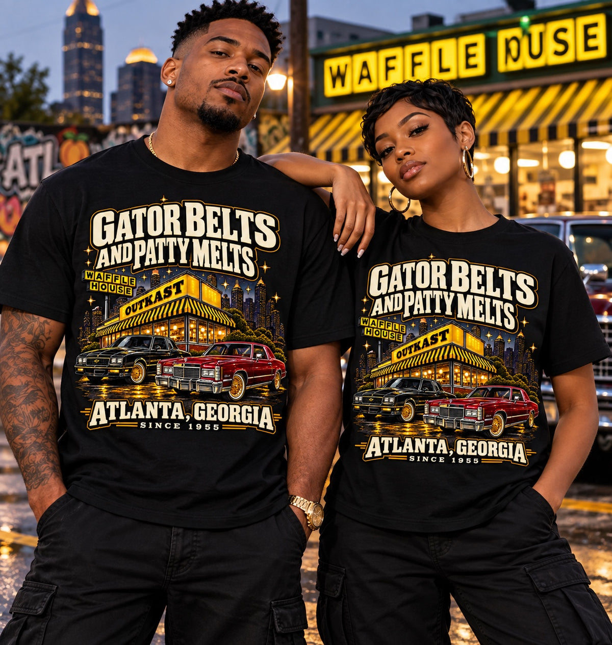 Black Gator Belts and Patty Melts Atlanta graphic T-shirt on two models